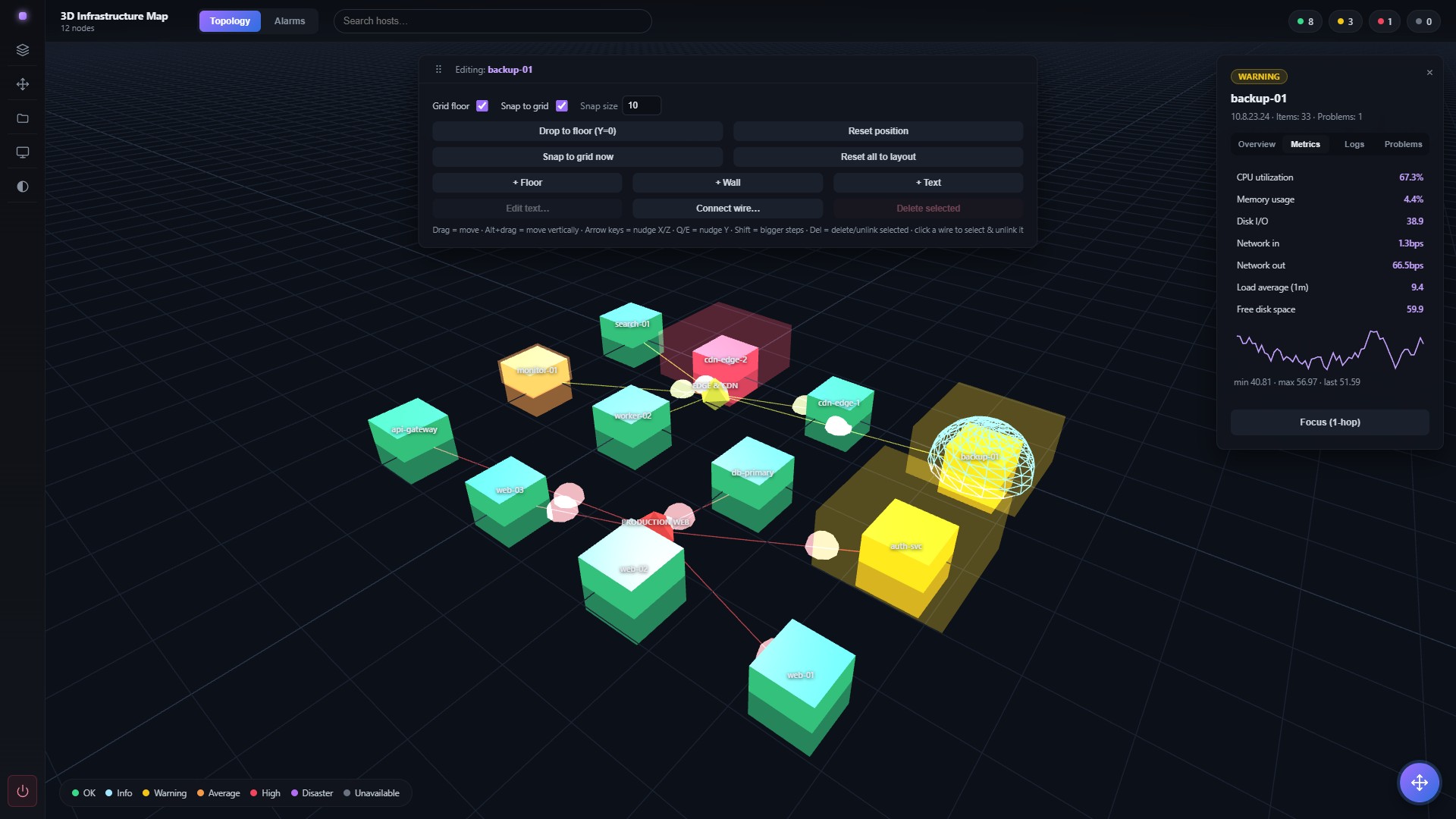 Arrange Mode: dragging and snapping a host into place on the 3D grid